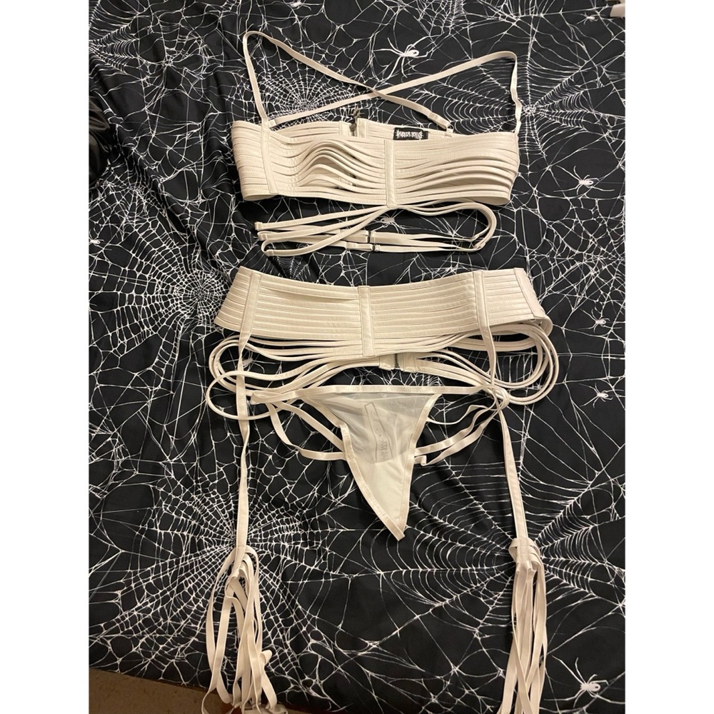 Darker wavs white strappy lingerie set bondage straps fader 3 piece set